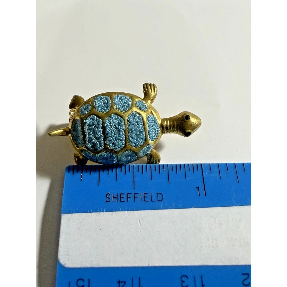 Vintage Turtle Pin Brooch Gold Tone Turquoise Blue Textured Shell Korea 1